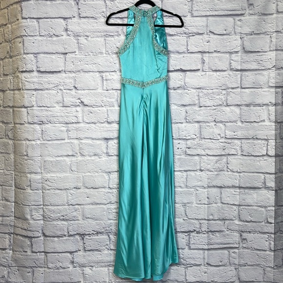 Badgley Mischka Aqua Sleeveless Stretch Prom Wedding Gown Formal Dress Size 0 - Picture 7 of 15
